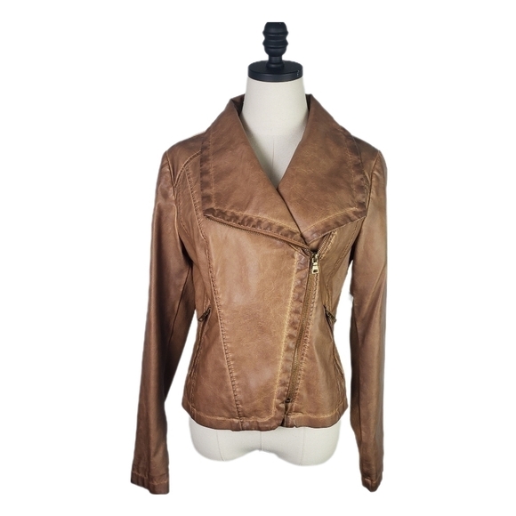 Bagatelle Womans Faux Leather Jacket Weathered Cognac Size M - Picture 1 of 12